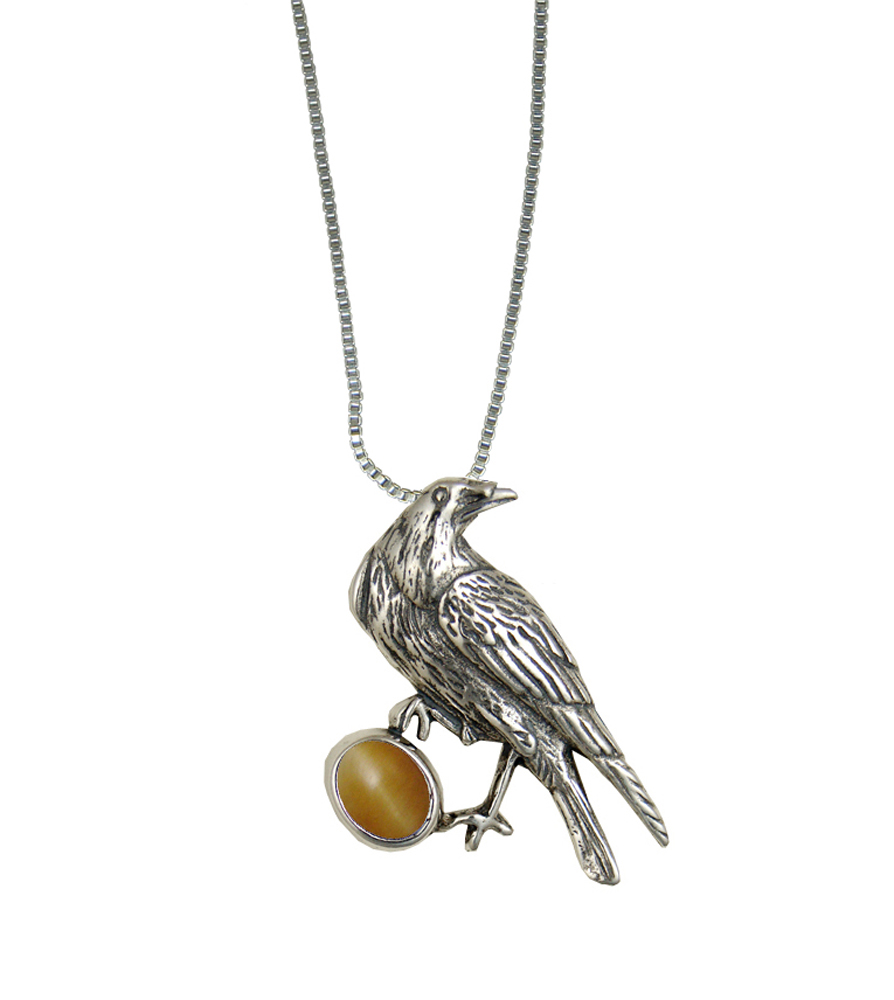 Sterling Silver Raven Pendant With Honey Tiger Eye